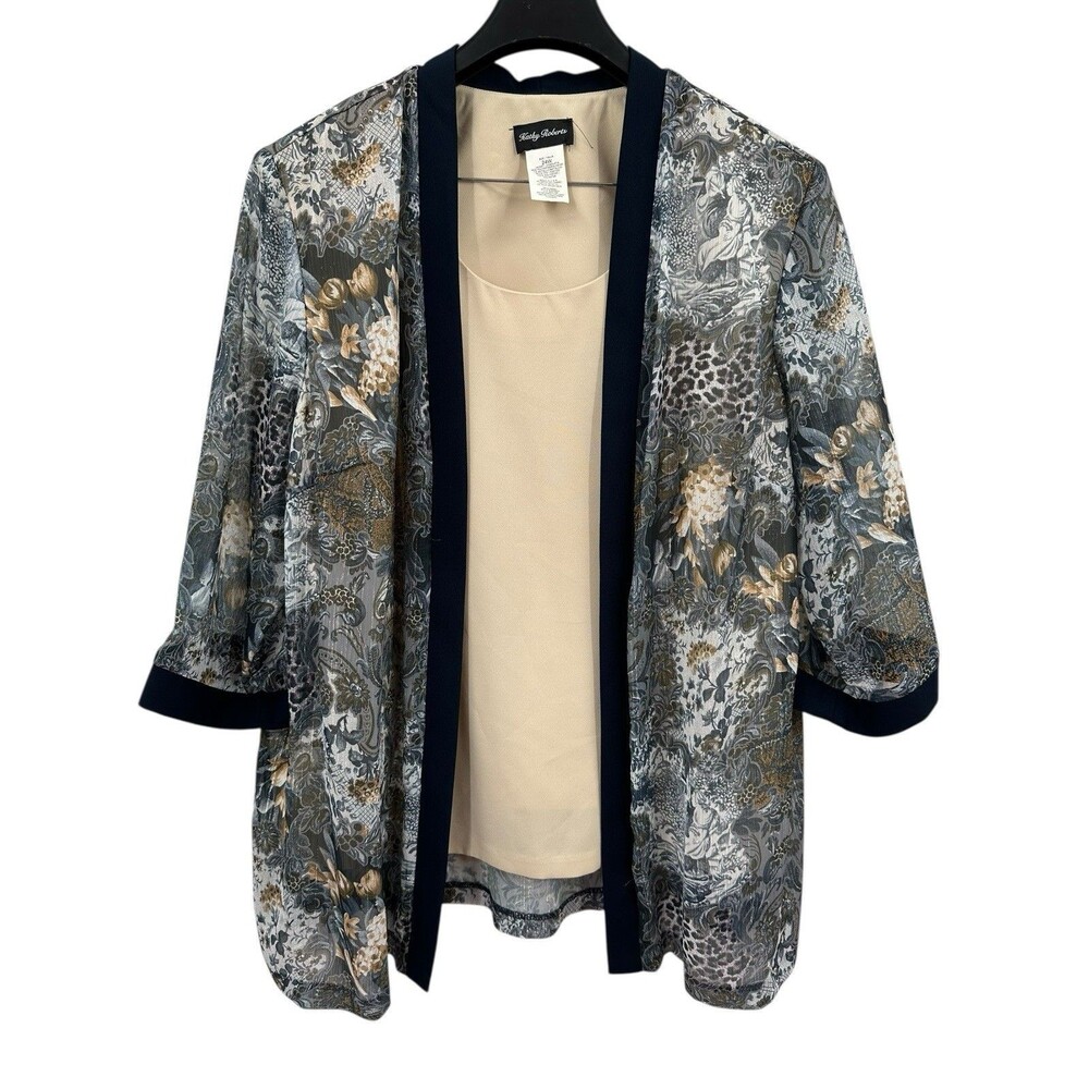 Kathy Roberts Top Pus Size 24W Blue Floral Metallic Sheer 3/4 Sleeve